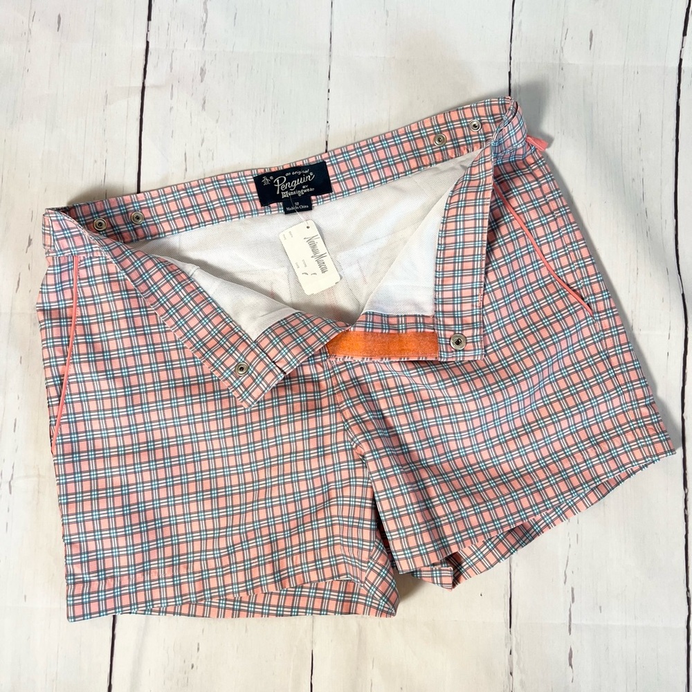 NWT Original Penguin Men's Hybrid Swim Trunks 32 Coral Blue Plaid Board Shorts - Picture 2 of 14